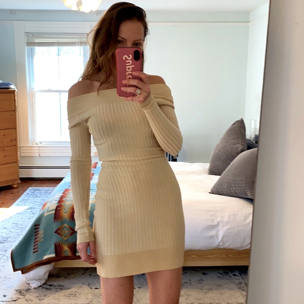 Vintage Azzedine Alaia rib stretch body con, off shoulder and backless dress